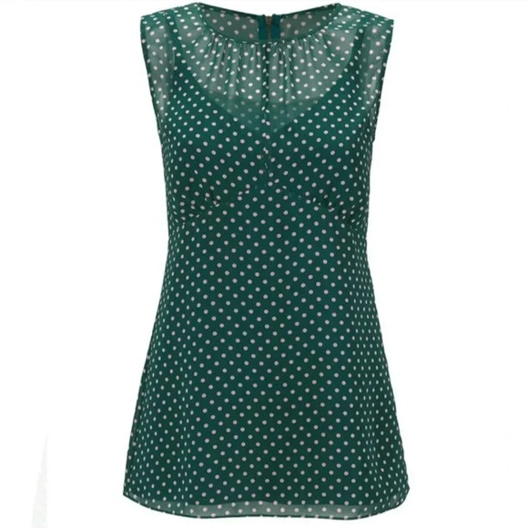 Cabi Womens V-neck Sleeveless Tank Top XS Green Pink Polka Dot Semi-sheer - Picture 1 of 11